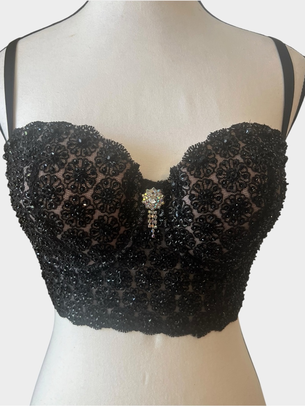 Marciano by Guess Black Sequin Lace Bustier Bra 36D Rhinestone Y2K Top